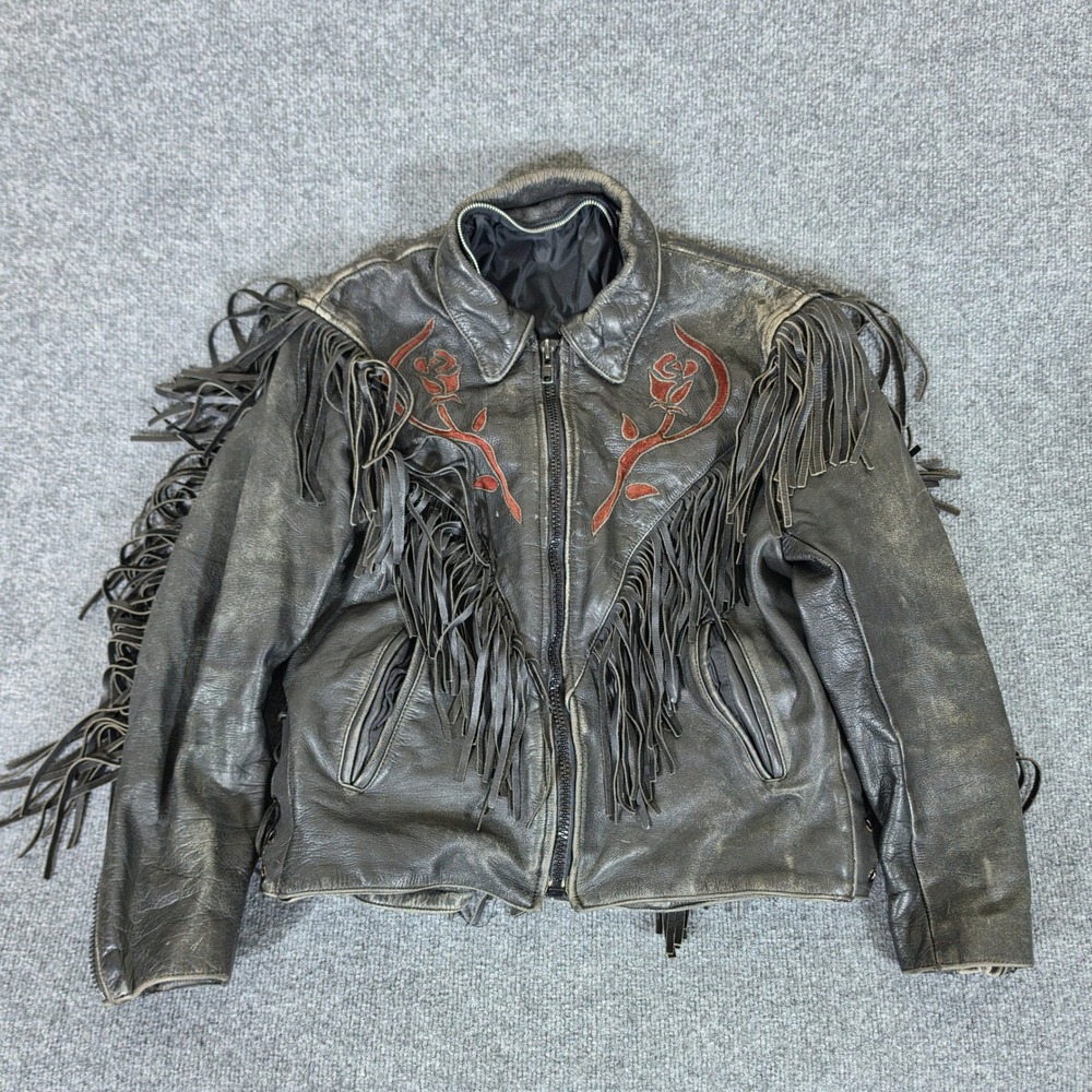 Vintage Black Leather Fringe Biker Jacket Rose Embroidery Western Women Small